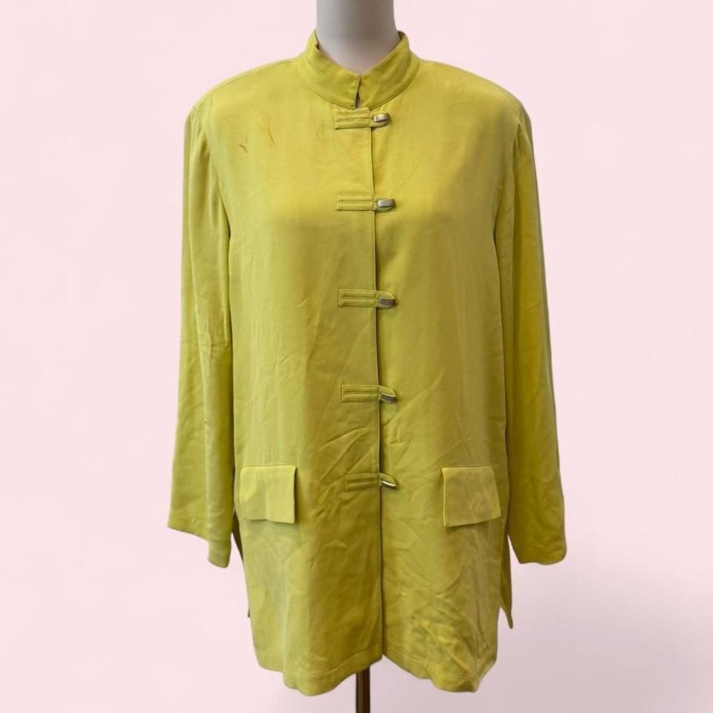 Vintage Misha Chartreuse Silk Jacket | Mandarin Collar | Size 14